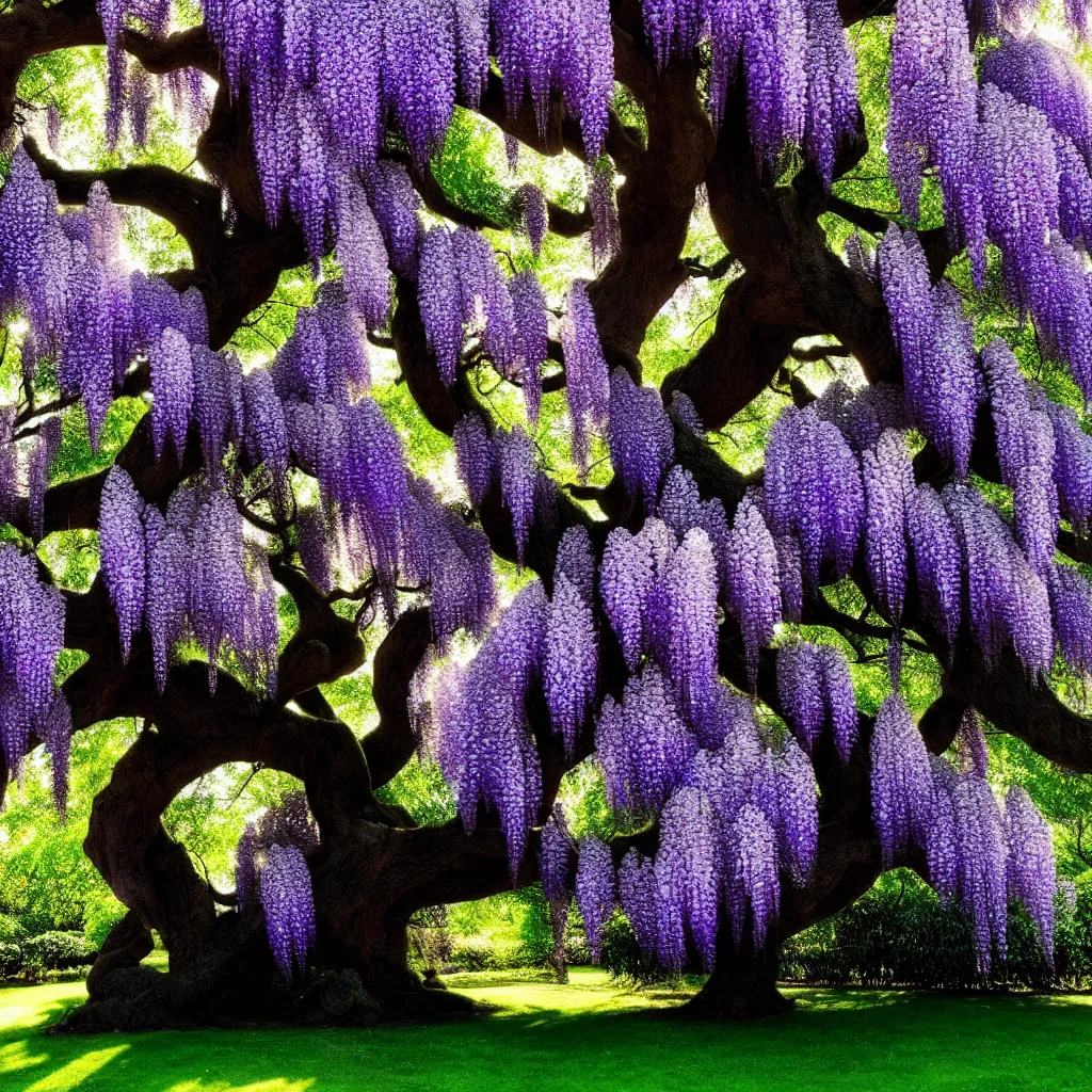 Image similar to full shot of wisteria tree on a black background. backlit. muted colors. fantasy magic style. highly detailed 8 k. intricate. lifelike. epic. movie poster. soft light. sony a 7 r iv 5 5 mm. cinematic post - processing