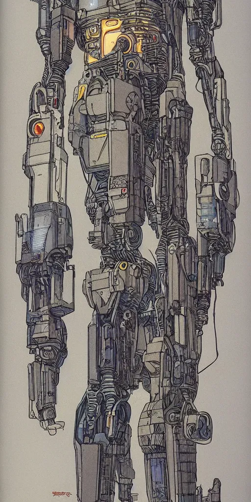 Prompt: mech suit. portrait by jean giraud and will eisner. realistic proportions. dystopian. cyberpunk, blade runner, concept art, cel shading