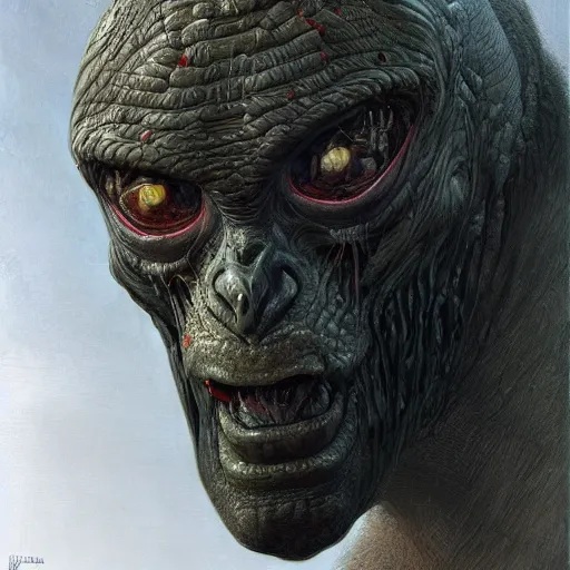 Image similar to vladimir putin, putin is bald prehistoric primate, reptiloid reptile alien eyes, toothless, horror macabre by donato giancola and greg rutkowski and wayne barlow and zdzisław beksinski, realistic face, digital art