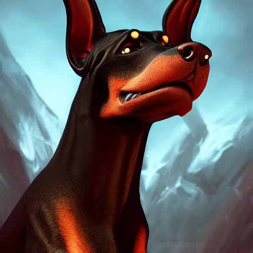 Image similar to portrait of an antropomorphic doberman creature, black hair, human body, angry look, ready for battle, masterpiece, mattepainting concept blizzard pixar maya engine on cold night stylized background splash comics global illumination lighting artstation by samwise didier