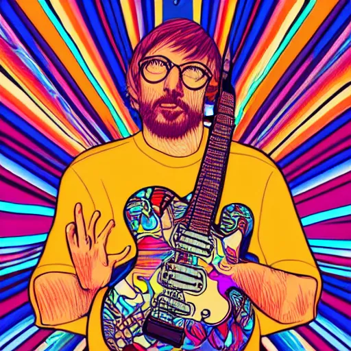 Image similar to artgerm, psychedelic trey anastasio, rocking out, headphones dj rave, digital artwork, r. crumb, svg vector