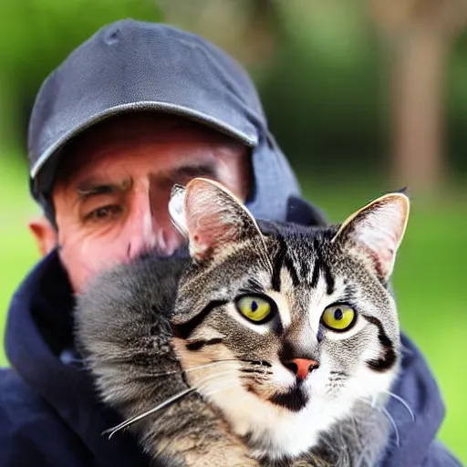 Image similar to a man wearing a cat as a hat