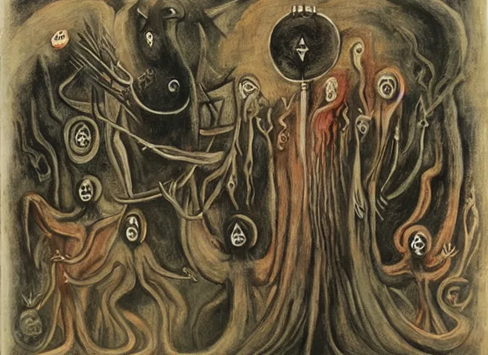 Image similar to a procession of eldritch cultist towards a lovecraftian temple by leonora carrington