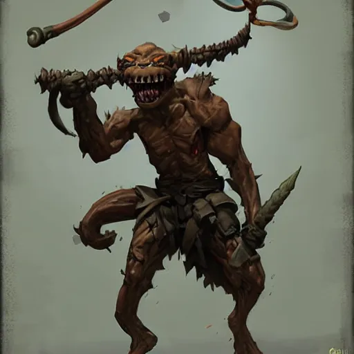 Prompt: crazy goblin with a slingshot, wearing a grenade belt, by Greg Rutkowski, in the style of magic the gathering