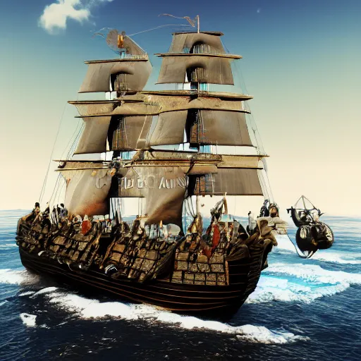 Prompt: pirates of the caribbean, the black pearl, sailing on a beautiful ocean, 3 d render