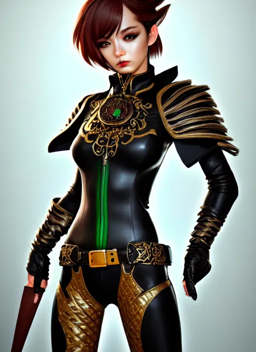 Image similar to rogue, fantasy ornate leather bandit outfit!!! beautiful and athletic short hair female!! gorgeous face and eyes!! character concept art, sharp focus, octane render! unreal engine 5! highly rendered!! trending on artstation!! detailed linework!! illustration by artgerm, wlop, and chie yoshii