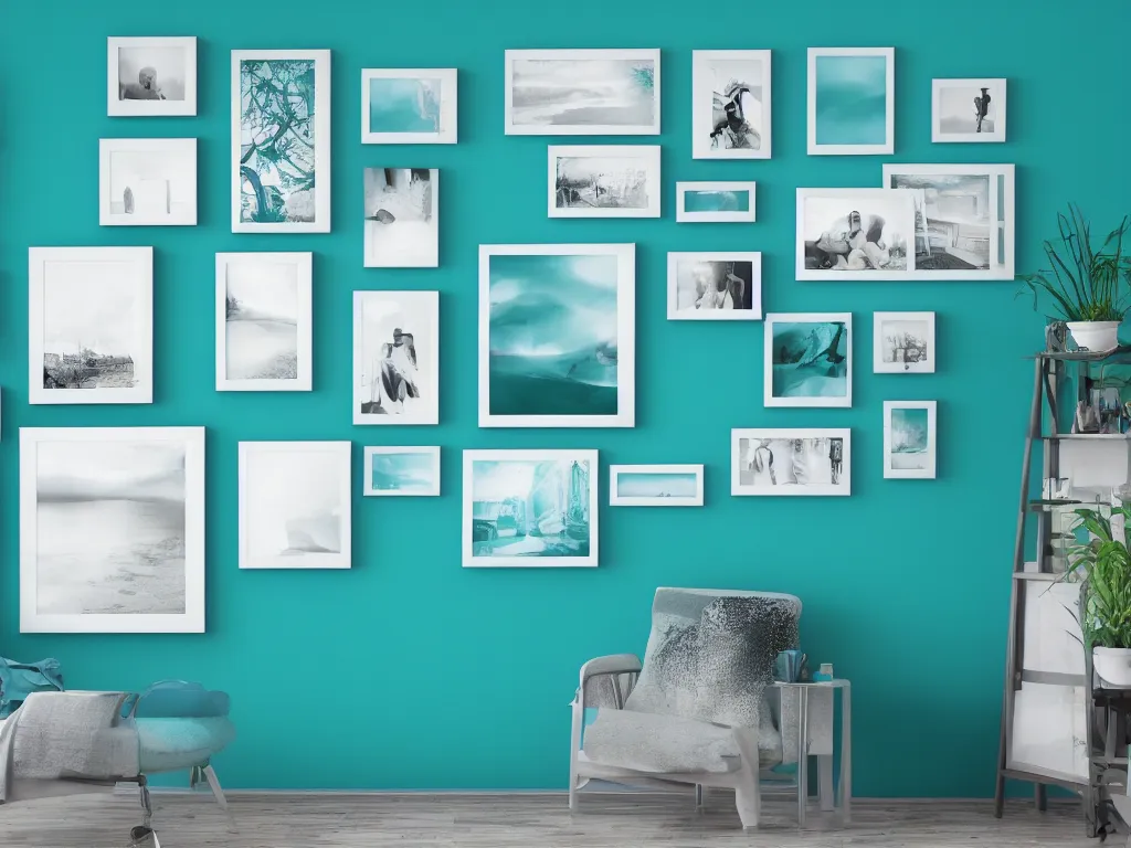 Prompt: Beautiful teal colored wall with photo frames, smooth volumetric lighting, low light room, photorealistic details, neon glowy edges, 4K, 8K
