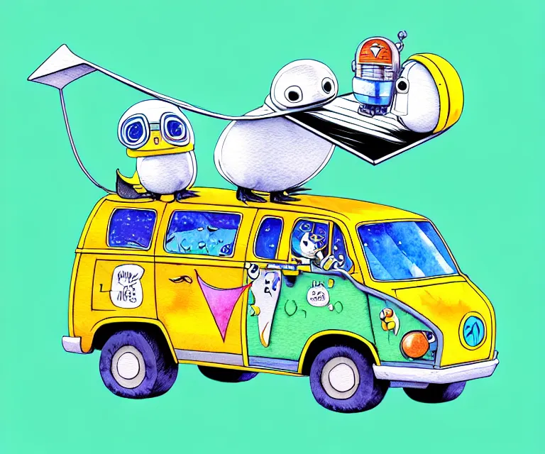 Image similar to cute and funny, penguin wearing a helmet riding in a tiny mystery machine van with an oversized engine, ratfink style by ed roth, centered award winning watercolor pen illustration, isometric illustration by chihiro iwasaki, edited by range murata, tiny details by artgerm and watercolor girl, symmetrically isometrically centered, sharply focused