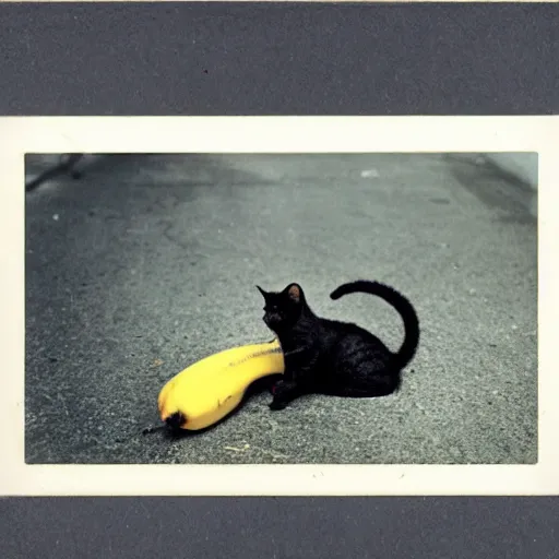 Image similar to wide-shot very low-angle eyesight photo of stray cat and a banana peel at the street in New York, polaroid photo, by Andy Warhol, signed