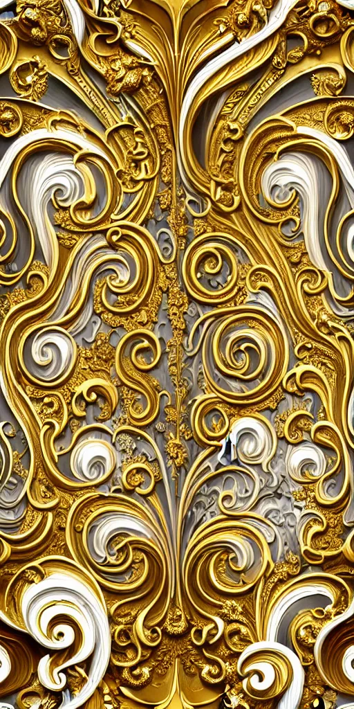 Prompt: the source of future growth dramatic, elaborate emotive Golden Baroque and Rococo styles to emphasise beauty as a transcendental, seamless pattern, symmetrical, large motifs, rainbow syrup splashing and flowing, Palace of Versailles, 8k image, supersharp, spirals and swirls in rococo style, medallions, white smoke, Gold silver black and rainbow colors, perfect symmetry, versace baroque, High Definition, photorealistic, masterpiece, 3D, no blur, sharp focus, photorealistic, insanely detailed and intricate, cinematic lighting, Octane render, epic scene, 8K