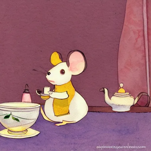 Prompt: russian mouse drinks tea from samovar with her little children, children book illustration, 9 k, watercolor