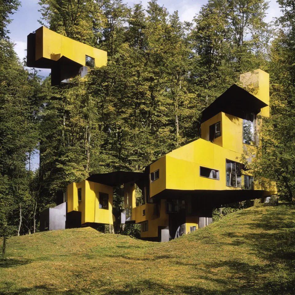 Image similar to a tiny brutalist flat horizontal house in the black forest, designed by Frank Gehry. Big tiles. Small wooden pathway . Film grain, cinematic, yellow hue