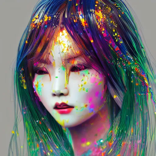 Image similar to japanese lady god, bright colors, fashion model, portrait shot, glitter, depth of field, 8 k, hyper detailed, intricate, trending on artstation