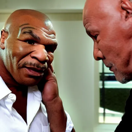 Image similar to mike tyson is talking to an older, grey haired person over the phone, who appears to be a friend of his. mike is telling him that he is angry at the world, and he hates the way he is doing life.