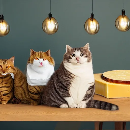 Image similar to chonky cats gathering sitting on a table floating close to ceiling, having wine and cheese, in aristocratic attire