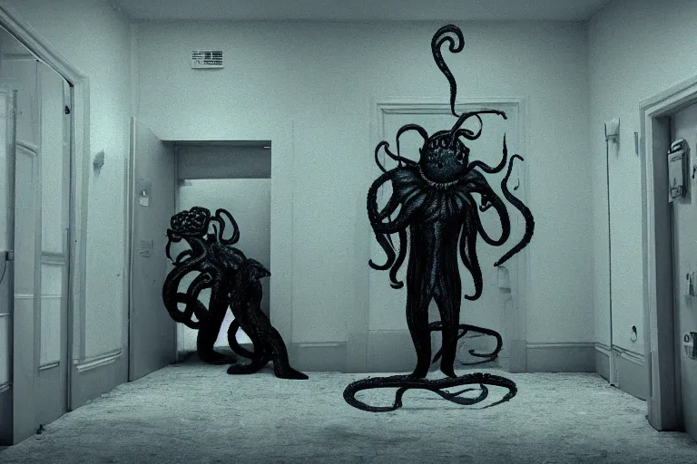 Prompt: 2 0 0 0 s footage of a void monster, empty room, psychological horror, warp, tentacles, eyes, deformed