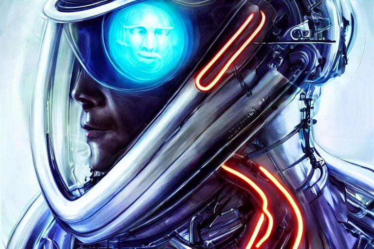 Image similar to portrait of a biomechanical head inside a futuristic space helmet, organic transistors, neon cables, tron highlights, white metal, iridescent visor, smooth, sharp focus, high detail, art by Artgerm and Raymond Swanland,