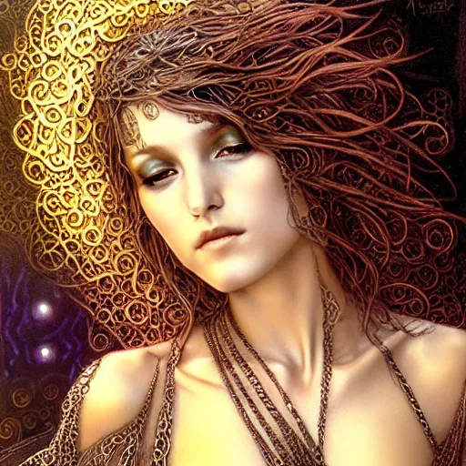 Image similar to a closeup portrait of a beautiful female art nouveau bohemian cyberpunk musician in filigree fractal robes by ted nasmith and luis royo