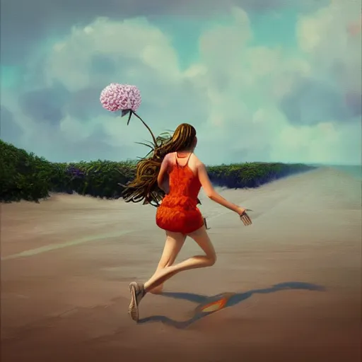 Image similar to portrait, giant rose flower head, woman running at the beach, surreal photography, sunrise, blue sky, dramatic light, impressionist painting, digital painting, artstation, simon stalenhag