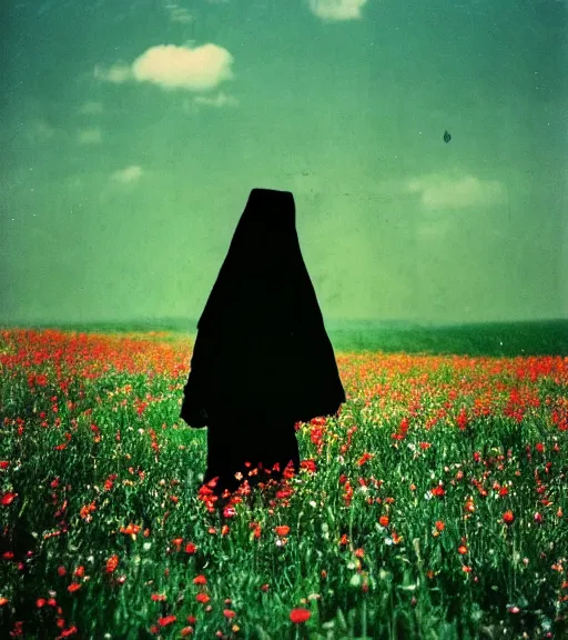 Image similar to mystical death god standing in tall meadow of flowers, distant, vintage film photo, grainy, high detail, high resolution