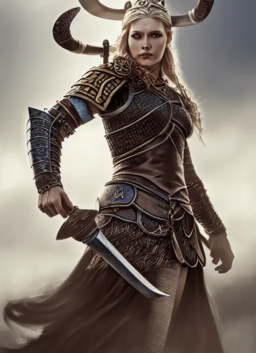 photo of a gorgeous viking queen in armor in the style | Stable Diffusion