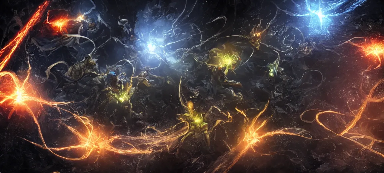 Prompt: Photorealistic image of six wizards fighting in dark cave with DC comic character Black Adam and shoot fireballs from their magic staffs, dark ancient atmosphere, glowing bouncing particles and energy strings randomly flying in space and bouncing from ground and walls, dramatic lighting, fluidy particles rising from ground, realism of hollywood movie with incredible amount of fine details