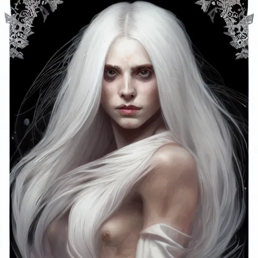 Image similar to ghost maiden, non-binary, white hair, long hair, gorgeous, amazing, elegant, intricate, highly detailed, digital painting, artstation, concept art, sharp focus, illustration, art by artgerm and greg rutkowski and alphonse mucha