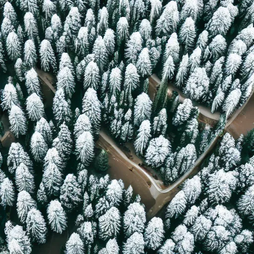 Image similar to orthographic aerial view of a christmas themed town, snow, pine trees, happy, cute, high detail, 8 k,