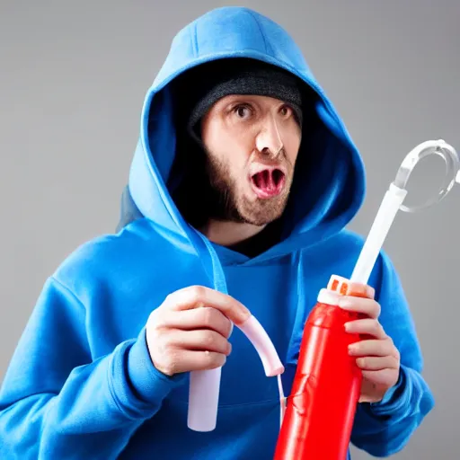 Image similar to a man wearing a hoodie, using a groan tube as a snorkel, whilst holding a blue inhaler, high detail, 4 k