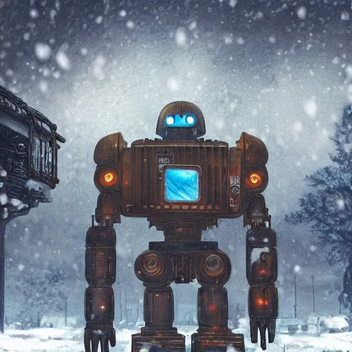 Image similar to the iron giant in war mode standing in the snow, highly detailed, steam punk, midjourney, 70's sci-fi, deep aesthetic, 4k, highly ornate intricate details, rich colors, digital artwork, symmetrical, ray tracing,