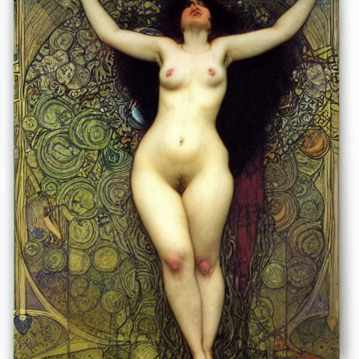 Prompt: dark sensual cryptid woman, sharp claws, curvy body, by alma tadema, by mucha