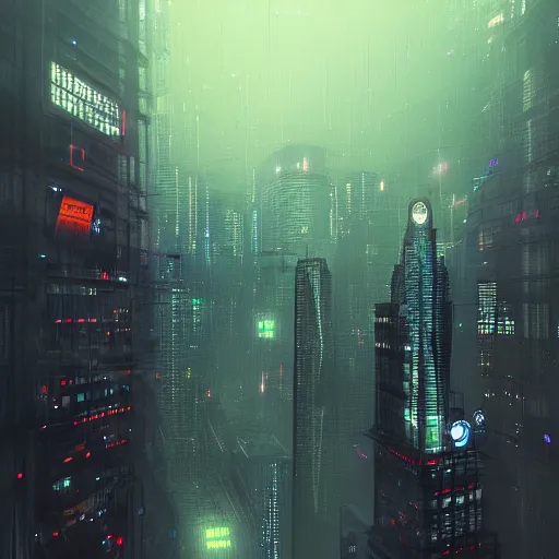 Image similar to cyberpunk shanghai in the night seen from below, cityscape, mist, rain, artstation, greg rutkowski, hq