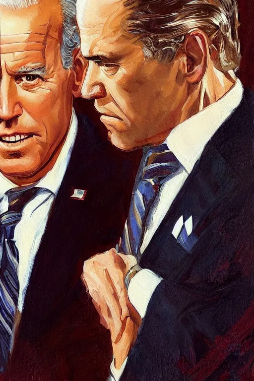 Prompt: joe biden and jeffrey epstein, painting by jc leyendecker!! phil hale!, angular, brush strokes, painterly, vintage, crisp