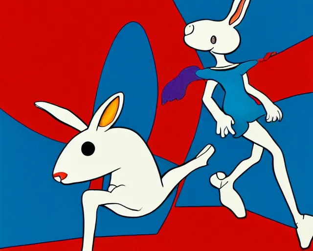 Prompt: a white skinned girl, very thin legs, a long tail, highly detailed, minimalistic composition, blue tones, sharp focus, giant bunny running in the background, art by jamie christopher hewlett and kandinsky and jean julien