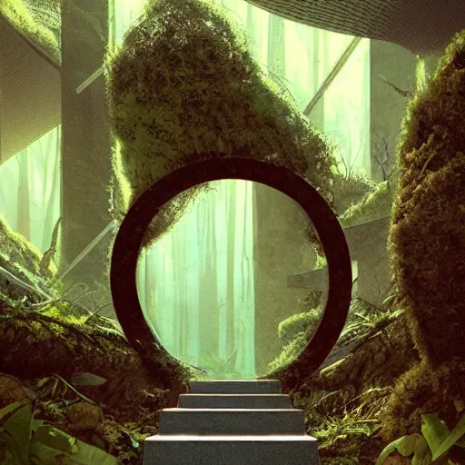 Image similar to stairs leading to a derelict portal in a middle of a snowy lush futuristic forest, alien world seen through a portal, daylight, cinematic lighting, blue sky, syd mead, john harris