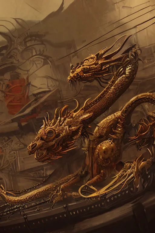 Prompt: illustration, single whole live dragon, old sick gold and crimsoned scaled asian style dragon on a brass plank of machinery with wires and gears and steam punk apparatus, matte painting, style of studio ghibli, concept art, simple style, big brush strokes, featured in artstation and artgerm and pixiv, award winning, cinematic, 8 k