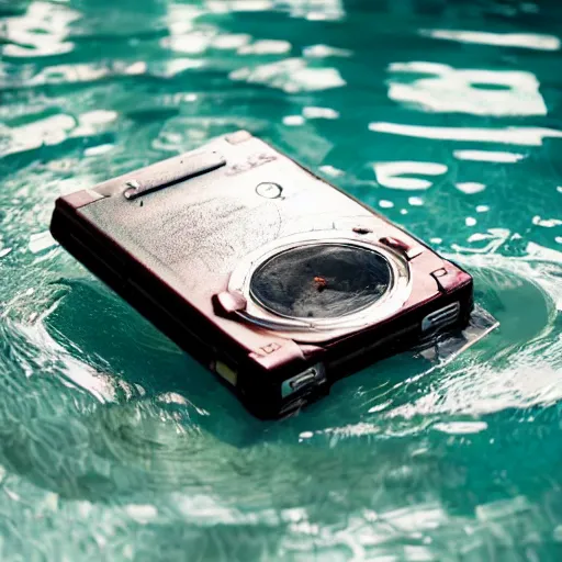 Prompt: a cassette tape floating in the pool