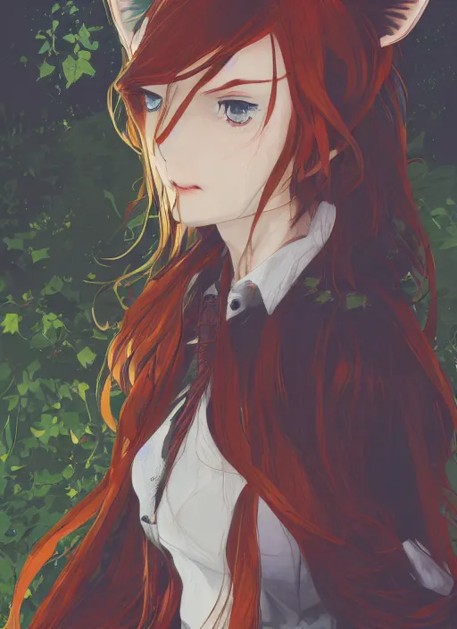 Image similar to girl with fox ears, long wavy orange hair, light brown trenchcoat, forest background, focus on face, pretty, moody lighting, painterly, illustration by shigenori soejima