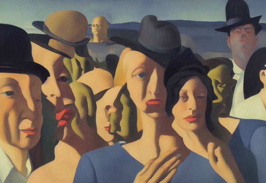 Image similar to group of people pictured in afternoon light, close - up of the faces, surrealist oil painting by edward hopper, dora maar and rene magritte