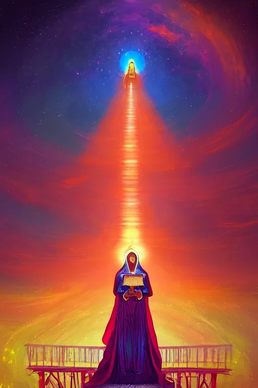 Prompt: the female hierophant stands a bridge between heaven and earth holding knowledge and tradition in her hands, 8 k resolution digital painting, vibrant colors, by alena aenami, by michael whelan, behance hd, trending on artstation deviantart