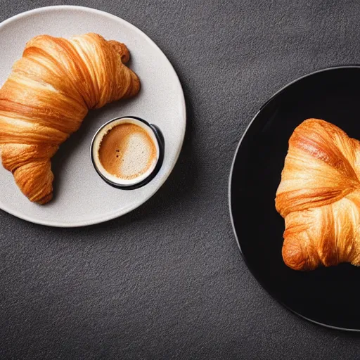 Prompt: one cup of coffee and a plate with a croissant