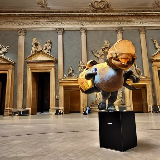 Image similar to bad taxidermy Blastoise on display at the Louvre Museum, wide angle lens