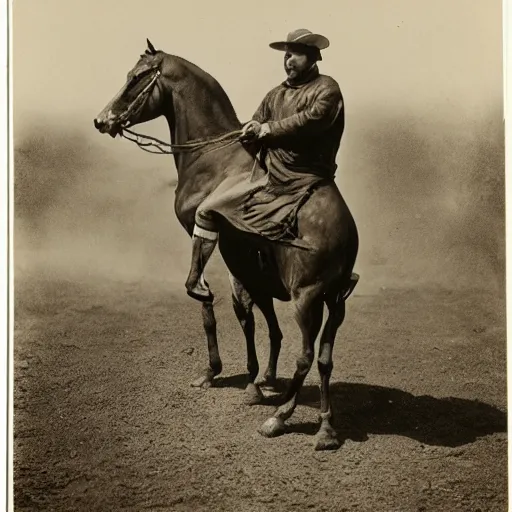 Prompt: a man sitting on a horse, he is screaming and holding both his arms up.