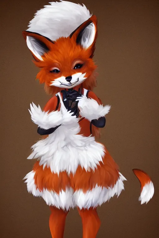 Image similar to a fox fursona with a big fluffy tail!!! wearing a maid outfit, highly detailed, digital art, trending on artstation, furry art!!!