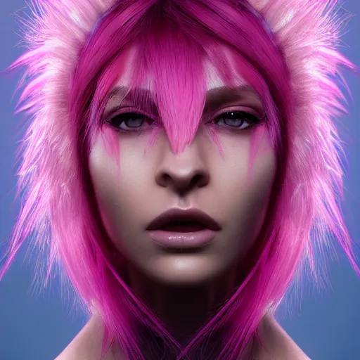 Prompt: Portrait of a woman with bright glowing strands of hair, pink dyed hair and a fringe, posing ready for a fight, artstation, cgsociety, masterpiece