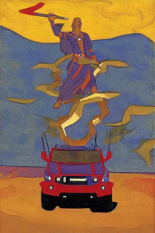 Image similar to thor with hummer, marvel, artwork by nicholas roerich,