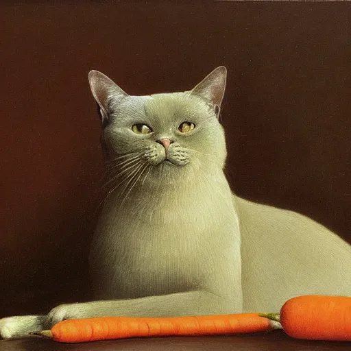 Image similar to burmese cat and carrot, oil painting by Ivan Shishkin, renaissance drawing