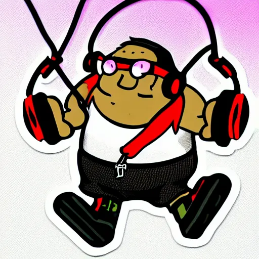 Image similar to svg sticker of a Family-Guy Peter-Griffin at a rave, spinning records, giant headphones rocking out, wearing headphones, huge speakers, dancing, rave, DJ, spinning records, digital art, amazing composition, rule-of-thirds, award-winning, trending on artstation, featured on deviantart