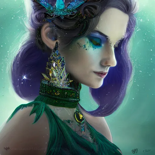 Image similar to detailed portrait of a fairy queen with wings wearing a silk robe, crown, pixie, iris, realism, emerald, galaxy, sapphire, blonde hair going down to touch the floor, moonlit, wearing a bejeweled mask, dark fantasy, dramatic lighting, dreamlike, cgsociety, artstation