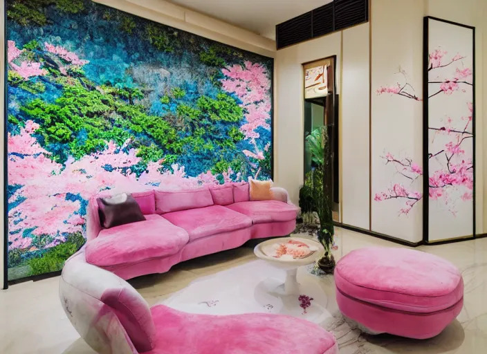 Image similar to luxury pink lush singaporean garden with sakura flowers inside white japanese themed living room with multiversal tv and royal blue high tech couch, by james jean and peter mohrbacher and ruan jia, set in travertine terraces waters, elegant, majestic, mystical, high - end